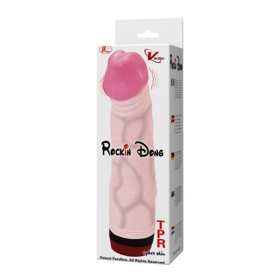Dildo realista rosa em embalagem branca com texto