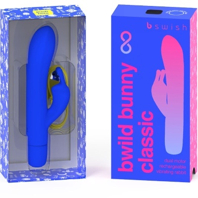 Vibrador tipo coelho azul com embalagem e caixa azul e rosa