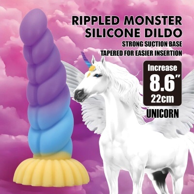 Dildo de silicone colorido com base de ventosa e ilustracao de um unicórnio branco com asas em fundo rosa