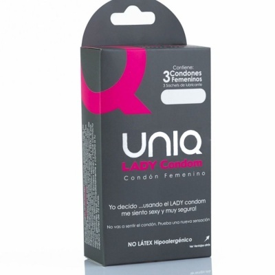 Caixa preta de preservativos femininos Uniq Lady Condom com textos em branco e rosa