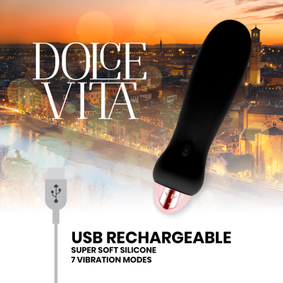 Vibrador preto de silicone com extremidade prata, paisagem ao pôr do sol e textos promocionais