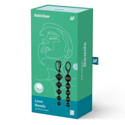 Embalagem verde e azul com texto e ilustração branca mostrando contagem de contas pretas de silicone.