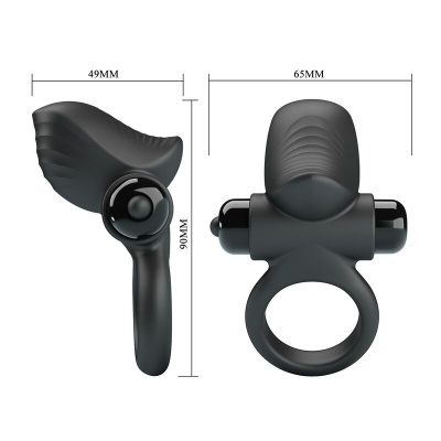 Anel vibrador preto com textura e dimensões visíveis