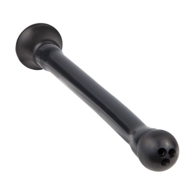 Utensílio de cozinha preto de plástico com três orifícios numa extremidade.