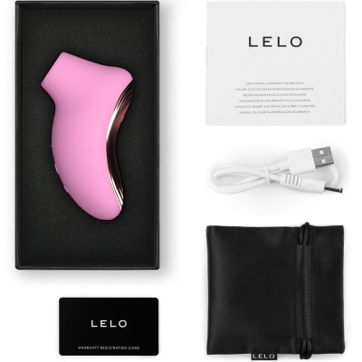 Conjunto de produto LELO com dispositivo rosa, cabo USB, saco preto, cartão de garantia e manual