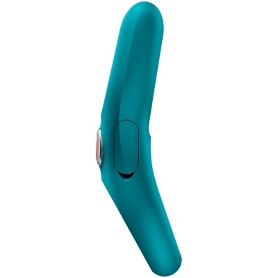 Vibrador azul turquesa com botão lateral prateado e vermelho