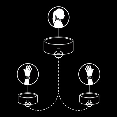 Diagrama de um colar e duas pulseiras com fecho metálico em fundo preto