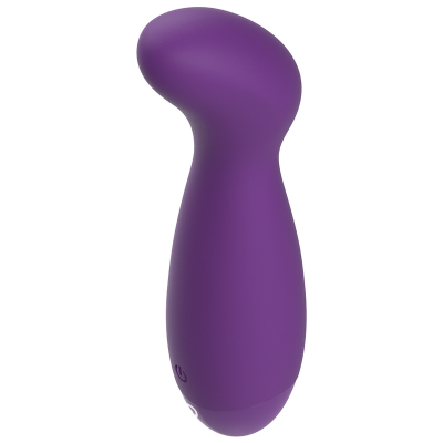 Dispositivo roxo curvado com botão de energia em fundo branco