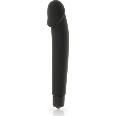 Vibrador preto de formato anatómico sobre fundo branco