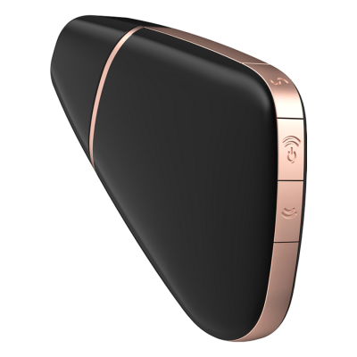 Dispositivo triangular preto com bordas dourado rosa e ícones laterais