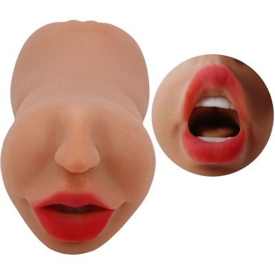 Máscara de silicone cor de pele com lábios vermelhos e boca aberta