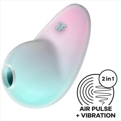 Dispositivo oval rosa e azul claro com logotipo e texto 2in1 AIR PULSE + VIBRATION.