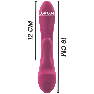 Vibrador rosa em silicone com medidas e botão de controle