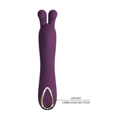 Vibrador roxo com duas pontas arredondadas e botão ON/OFF