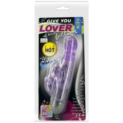 vibrador roxo translúcido em embalagem plástica com texto em inglês