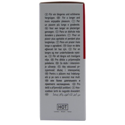 Embalagem branca com texto multilingue e logótipo HOT na base