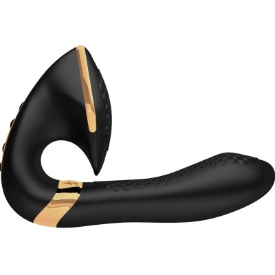 Dispositivo sexual curvado em silicone preto com detalhes dourados e textura
