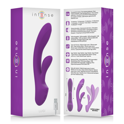 Vibrador Intense LUIGI roxo em embalagem branca e roxa com cabo USB