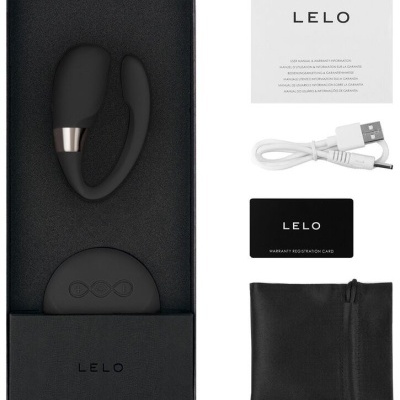 Conjunto produto sexual LELO preto com carregador USB, cartão garantia, manual e bolsa preta em caixa