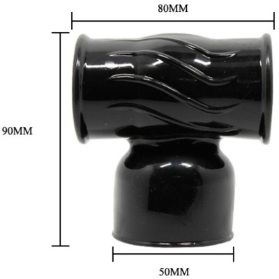 Peça em forma de T preta com padrões ondulados e dimensões indicadas