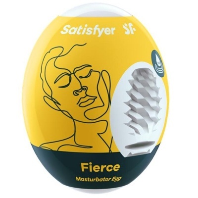 Embalagem amarela e preta de masturbador em forma de ovo com desenho de rosto e texto Satisfyer Fierce Masturbator Egg