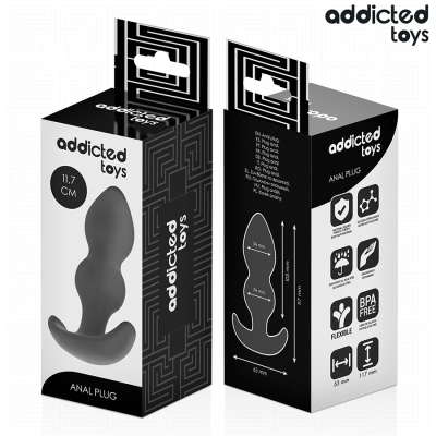 Embalagem de Anal Plug preto da addicted toys com texto e ícones informativos