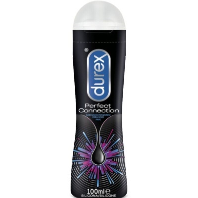 Frasco preto de lubrificante Durex Perfect Connection com tampa branca e texto em branco e roxo