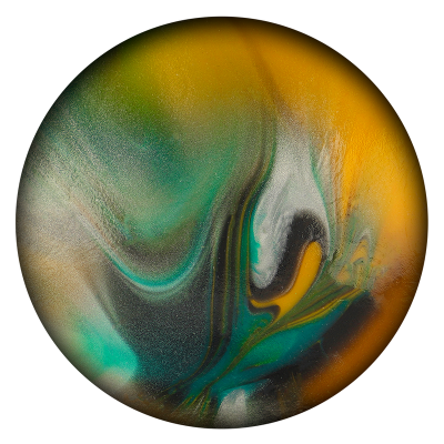 Disco redondo com padrão abstrato em tons verdes, amarelos e laranja