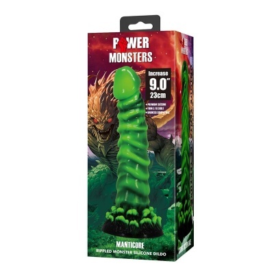 Embalagem de dildo verde com textura ondulada em silicone com ilustração de monstro