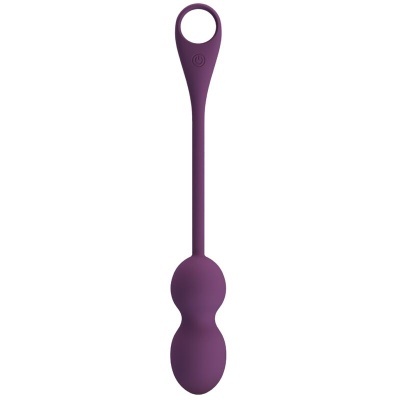 Produto roxo de silicone com duas esferas e cabo alongado com anel e botão de ligar