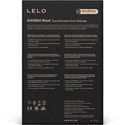 Embalagem preta com texto dourado do massageador sônico LELO ENIGMA Wave