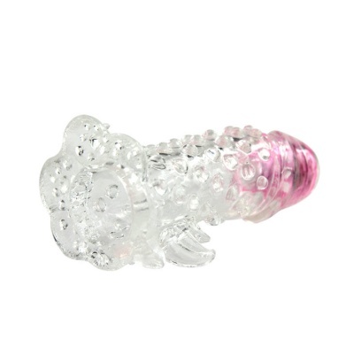 Produto transparente com detalhes rosados e textura pontilhada em fundo branco