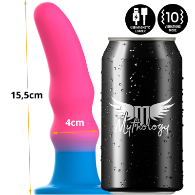 vibrador rosa com base azul ao lado de lata preta Mythology