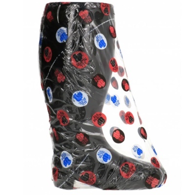 Bota de chuva plástica transparente com estampa colorida e embalagem de plástico