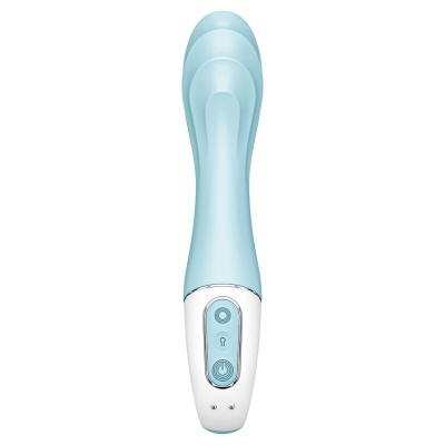Vibrador azul claro com cabo branco e botão de ligar em fundo branco.