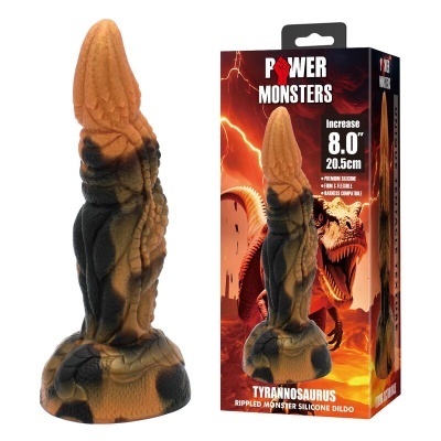 Dildo em silicone com padrão de escamas de dinossauro e embalagem ilustrada com Tyrannosaurus.