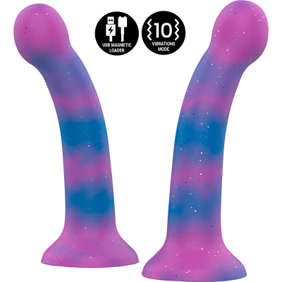 Produto sexual em silicone rosa e azul com base larga e pernas curvas e ícones USB Metal e 10 modos de vibração.