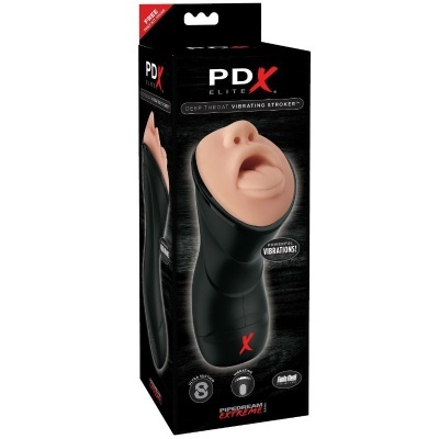 Embalagem preta com dispositivo vibrador cor pele e preto, texto PDX ELITE