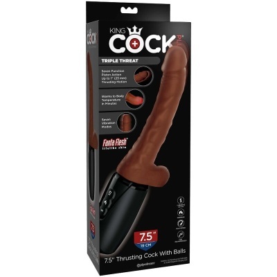 Embalagem preta com vibrador King Cock Triple Threat castanho e controle preto