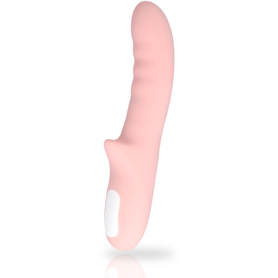 Vibrador rosa com botão branco numa superfície branca