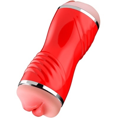 Produto cilíndrico vermelho com bordas prateadas e extremidades cor de pele em fundo branco