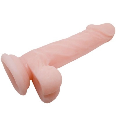 Dildo realista em silicone cor de pele com base de ventosa e textura detalhada.