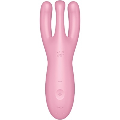 Vibrador rosa com três pontas e botões de controlo