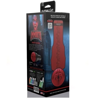 Caixa de produto Fleshlight Fantasy Immorta com textura vermelha e preta e imagem assustadora