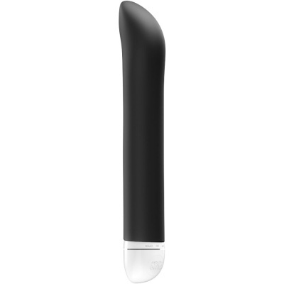 Vibrador preto com ponta curva e base branca transparente