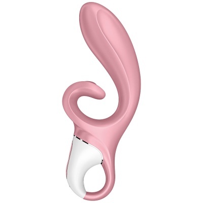 Vibrador rosa com agarrador branco e botão prateado