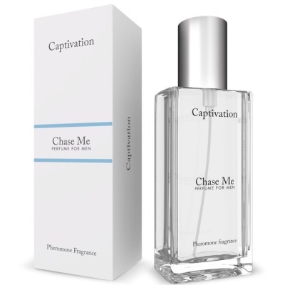 Perfume para homem Captivation Chase Me em frasco transparente com tampa prateada e caixa branca.