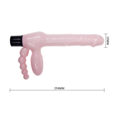 Vibrador rosa com textura e botão preto na base, com dimensões visíveis