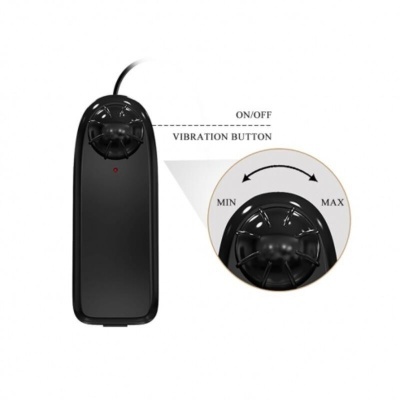 Controle remoto preto com botão de vibração e texto ON/OFF VIBRATION BUTTON