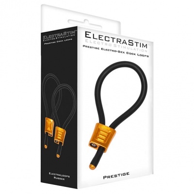 Embalagem do produto ELECTRASTIM PRESTIGE ELECTRO-SEX COCK LOOPS com laço preto e amarelo